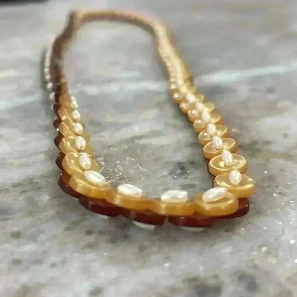 Vintage button & Pearl necklace. Cream, Brown, & White - Picture 7 of 8